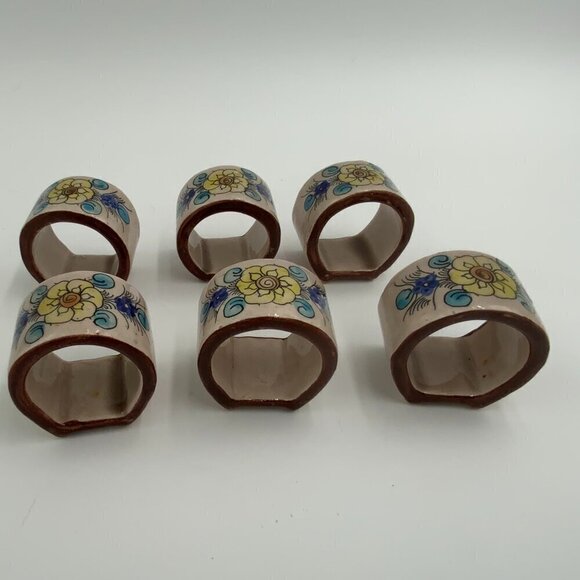 Set of 6 Vintage Signed Tonala Mexico Ceramic Napkin Rings Floral Hand Painted - Picture 8 of 10